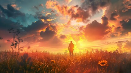 Fototapeta premium The image captures a serene sunset scene with a silhouette of an individual standing in a wild grass field. The sky is a dramatic display of warm colors ranging from deep oranges to mellow yellows, bl