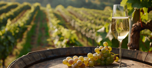 A glass of champagne on an old barrel surrounded by green vineyards and grapes