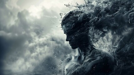 The image features a side profile of a person's face partially submerged in water. The water is transitioning into mist and smoke, mixing with the person's hair and skin, creating a surreal, ethereal 