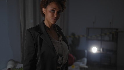 Serious african american woman detective in a dimly lit indoor crime scene, exhibiting...