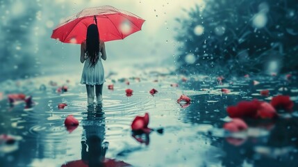 A person is standing in water, viewed from behind. They hold a red umbrella open above them, shielding themselves from the falling rain. The person is wearing a white dress that reaches their knees, a - Powered by Adobe