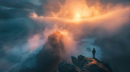 The image captures a dramatic and ethereal coastal scene at sunset or sunrise. A solitary individual stands on a cliff edge, silhouetted against the powerful glow of the sun piercing through a dense v - Powered by Adobe