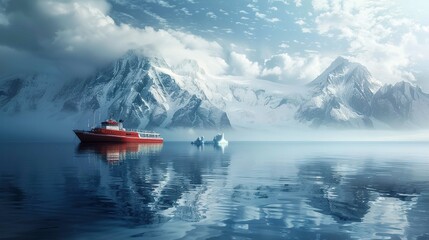 A large red expedition ship is docked on a peaceful, reflective water surface with a dramatic mountainous landscape covered in snow in the background. The sky is partially clear with scattered clouds 