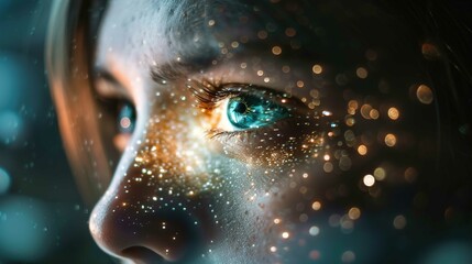 Close-up of a person's eye, showcasing a detailed view of the iris and eyelashes. The image captures the reflection of twinkling lights, creating an effect resembling a starry galaxy within the eye. D