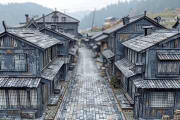 The image shows an empty street in an ancient Chinese town. The street is lined with traditional chinese courtyard house with gray tiles.