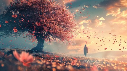 A solitary figure, wearing a red coat, stands in a field looking towards a large tree with pink blossoms. The tree's petals are scattered in the air, giving the impression of a gentle shower of flower