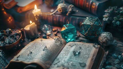 The image is a close-up still life scene that evokes fantasy or role-playing themes. In the center, an open book with aged, crinkled pages displays text in an unknown language. Surrounding the book ar