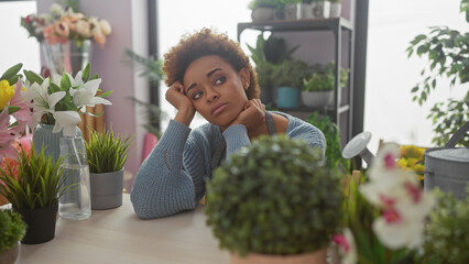 Pensive african american woman sitting among vibrant flowers and plants in a cozy indoor flower...