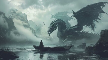 A person clad in dark clothing stands at the stern of a small, wooden rowboat floating in calm waters. They gaze at an immense, dark-scaled dragon with large wings and sharp spines, looming ahead in a