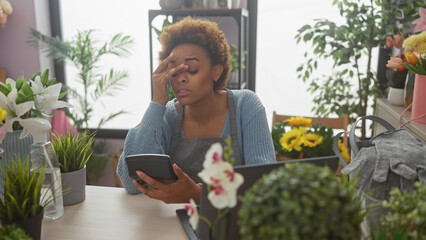 A stressed african american woman in a florist shop holding a calculator surrounded by plants.