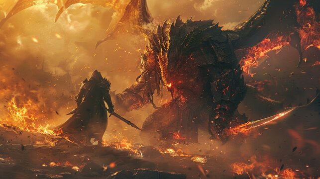 The image depicts a fiery, dramatic scene, set in what appears to be a hellish landscape or a world engulfed in flames. In the foreground, a humanoid figure clad in dark, detailed, medieval-style armo