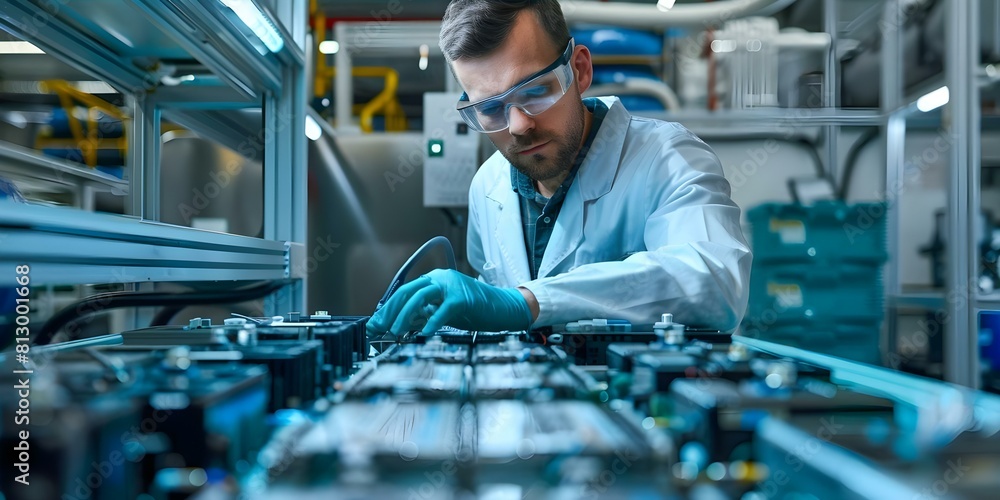 Poster engineer or technician testing electric vehicle battery cells in a lab setting. concept lab testing,
