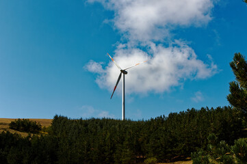 Mountain panorama with turbines of a wind farm producing clean and sustainable electricity helping the environment and the earth.  Green ecological power energy generation. Wind farm eco field