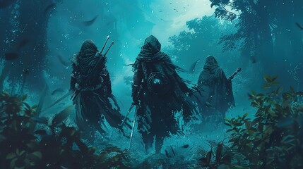 Three figures in medieval cloaks and armor stand submerged in a deep blue, ethereal underwater environment. The central figure faces the viewer, holding a shield in the left hand and what appears to b