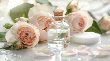 Botanical cosmetic product for natural beauty treatment. Bottle of aroma rose water, fresh flowers, white cotton pads, herbal spa.