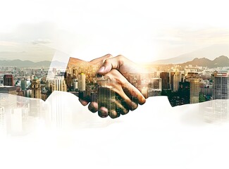 Business handshake with cityscape background, double exposure. Business concept for partying and Mountain hiking