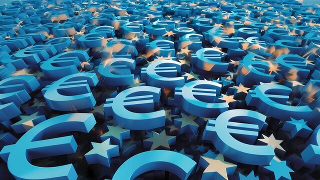 Una atractiva representaci&oacute;n 3D que presenta una abundancia de s&iacute;mbolos de EURO &euro; en azul, organizados de manera meticulosa para generar un dise&ntilde;o visualmente agradable y din&aacute;mico.