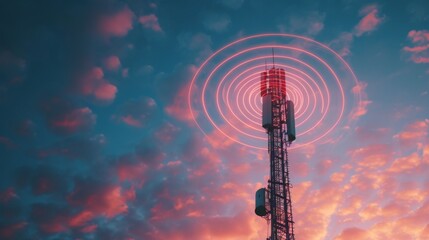 Obraz premium Antenna tower as a phone base station, its radio waves extending into the atmosphere against the canvas of a colorful sky