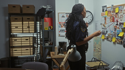 A policewoman and her male colleague analyze evidence in a cluttered investigation room at a police...