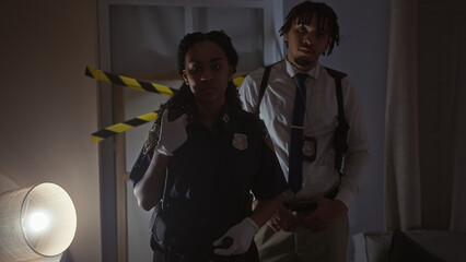 A woman and a man, both police officers, investigating a dark crime scene indoors with dramatic...