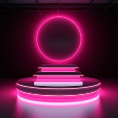 Glowing pink and white podium with a circular neon light backdrop.