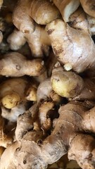 Close up pile of tasty fresh ginger sold at the market as a background.