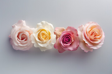 Top view of four pastel roses on silver background. Minimal concept.