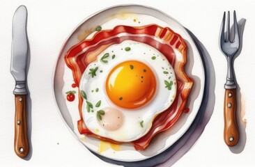 Fried eggs with bacon and tomato on plate, eggs. spoon and fork on sides. Hand-drawn watercolor illustration. breakfast. view from above.