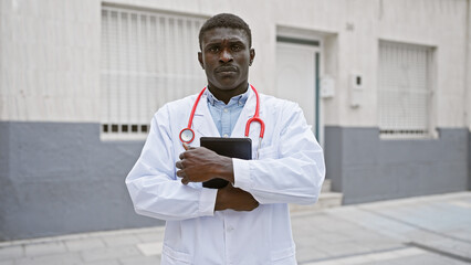 Confident african doctor with stethoscope stands in urban setting, holding tablet.