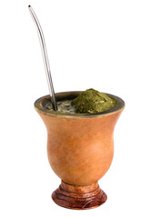 Cuia de Porongo com erva-mate e bomba de inox com o chimarrão preparado, bebida tradicional no sul...