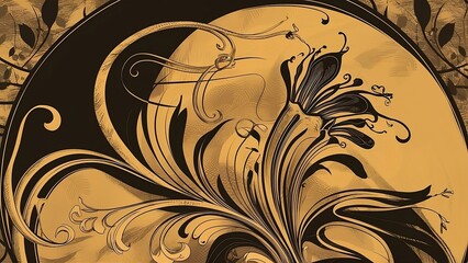 A digital artwork inspired by the organic shapes and earthy tones of art nouveau, black and yellow colors.	