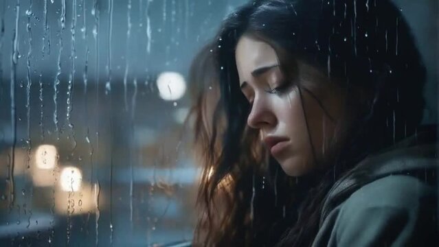 Close-up of sad caucasian woman crying next to window, on a rainy night, depicting depression and loneliness