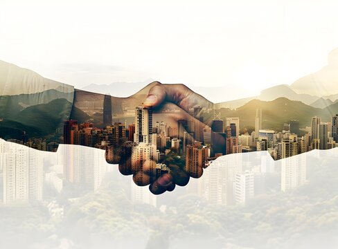 Business handshake with cityscape background, double exposure. Business concept for partying and Mountain hiking