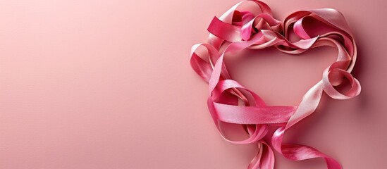 Heart shape made of ribbons on a pink background