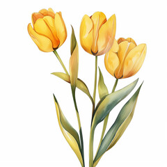 there are three yellow flowers that are on a white background