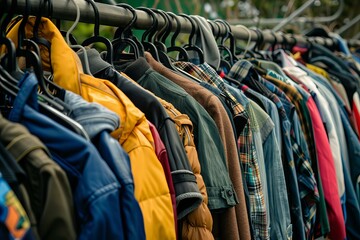Vibrant collection of various garments displayed on a rack outdoors