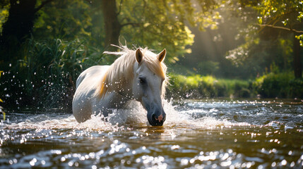 A white horse with a flowing golden mane being bathed in a sparkling stream on a warm summer day, surrounded by lush greenery.