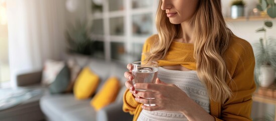 closeup Pregnant woman with glass of water and Folic Acid pills at home taking care of health