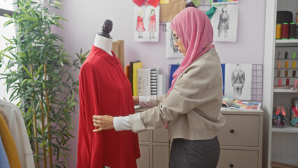 A woman in hijab works on a red dress in a well-equipped fashion studio, exemplifying a dressmaker...