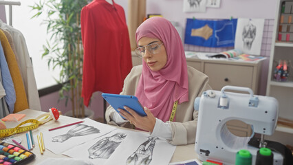 Obraz premium A young muslim woman textile designer attentively using a tablet in a modern sewing atelier filled with fabric and sketches.