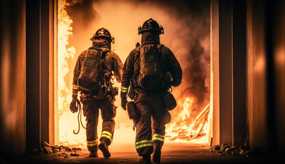 Firefighters work on fire. firemen walk in building