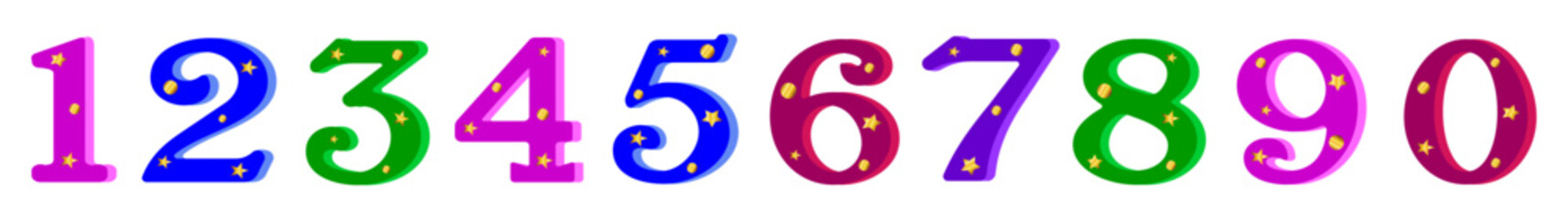 Colored 3D numbers for design of birthday, anniversary cards, vector. Numbers with gold decor for New Year cards.