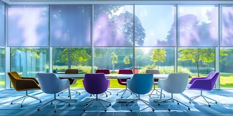 Modern eco office meeting room with panoramic windows overlooking green environment. Concept Eco Office Design, Panoramic Windows, Green Environment View, Modern Meeting Room