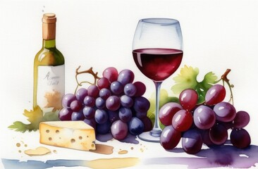 glass of red wine, grapes, cheese on white background. Watercolor illustration.