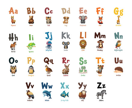Cute animals alphabet for kids education. Hand drawn animal characters. Vector illustration. Perfect for card, label, brochure, flyer, page, banner design. ABC.