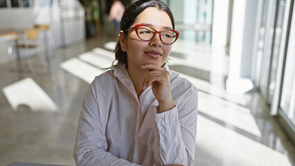 A contemplative young hispanic woman wearing red glasses sits in a modern office, embodying beauty...