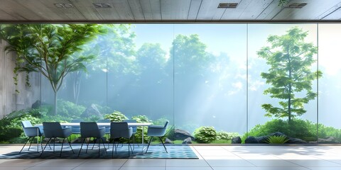 Fototapeta premium Contemporary Eco-Friendly Meeting Room with Panoramic Views of Green Surroundings. Concept Eco-Friendly Design, Contemporary Meeting Room, Panoramic Views, Green Surroundings