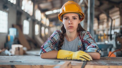 Beautiful caucasian young brown-hair woman in plaid shirt, gray T-shirt, yellow gloves, protective...