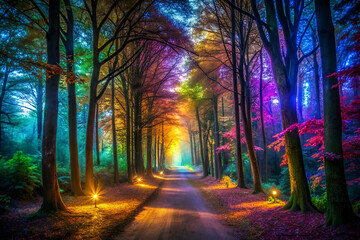 Multicolored Forest Path in Shadows