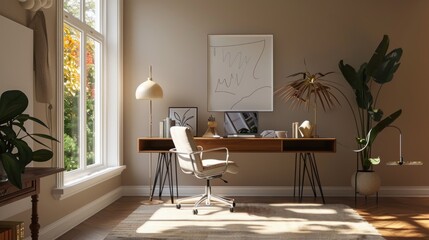 A fashionable home office setup with abundant natural light, featuring a sleek desk, modern chair, and stylish decor elements, ideal for productivity and comfort.